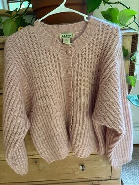 Vintage LL Bean Mohair Cardigan Womens Medium Rose Pink Chunky Wool Blend j091